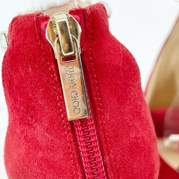 Jimmy Choo Farah Red Suede Crystal Trim Peep Toe Platform Sandal Heel IT 38.5 - Picture 10 of 14